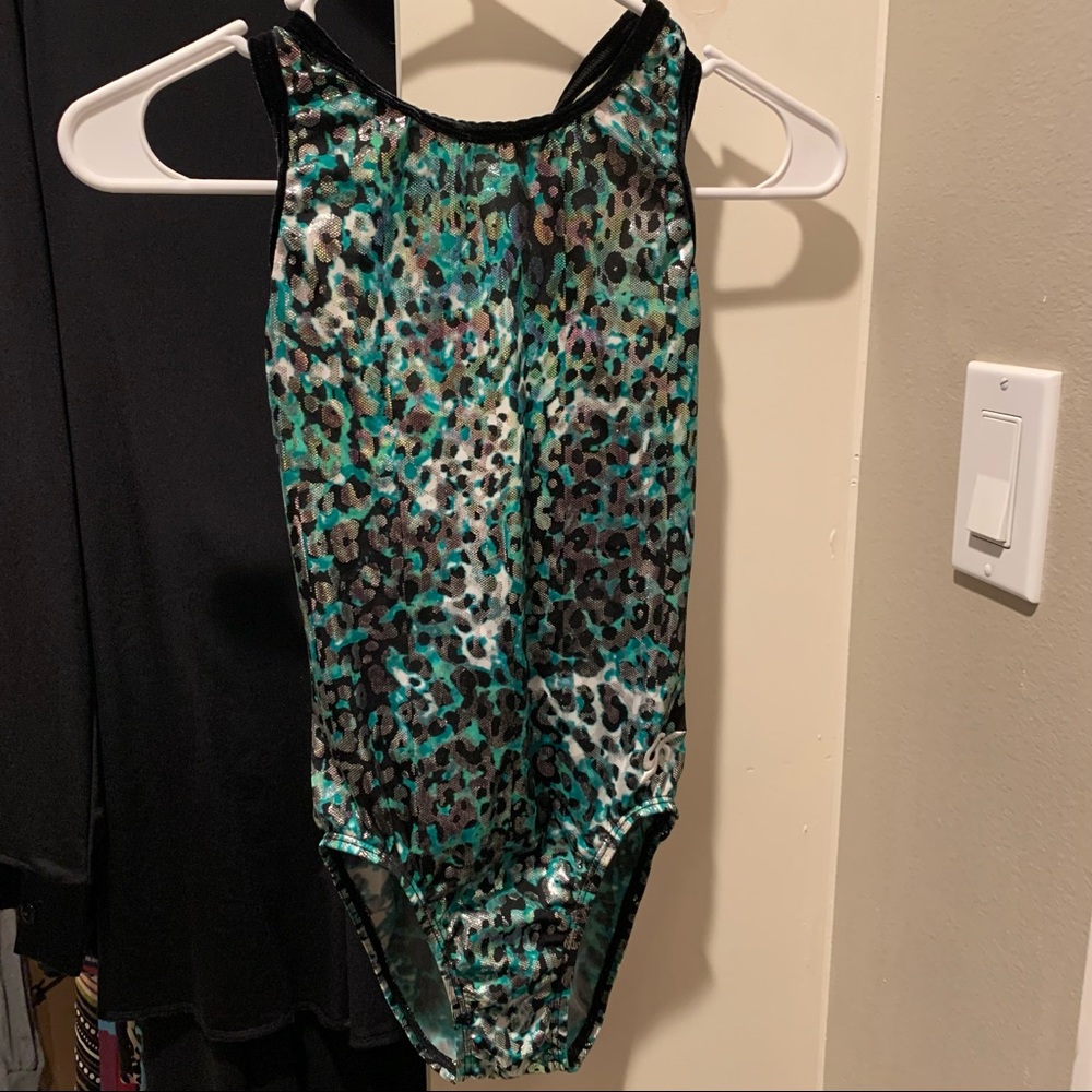 GK Elite AL Green & Silver Cheetah print gymnastics leotard
